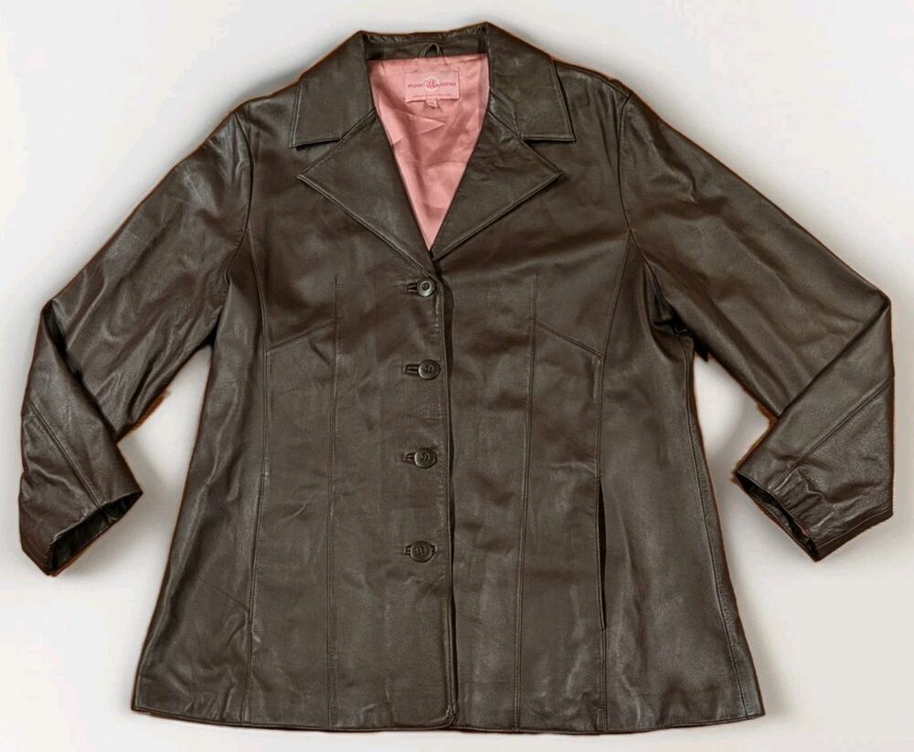 Wilsons Leather Womens 1X Brown Genuine Leather Coat Jacket Button Front Long